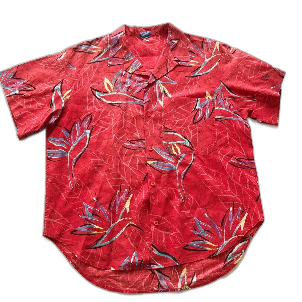 Vtg 80s OP Ocean Pacific Hawaiian Shirt Red w Birds of Paradise Bold Colorful